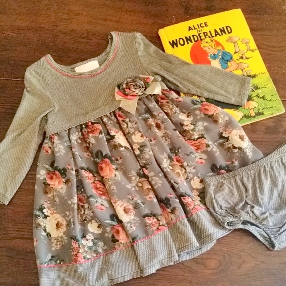 Bonnie Baby Other - Bonnie Baby Grey Striped and Floral-Print Dress